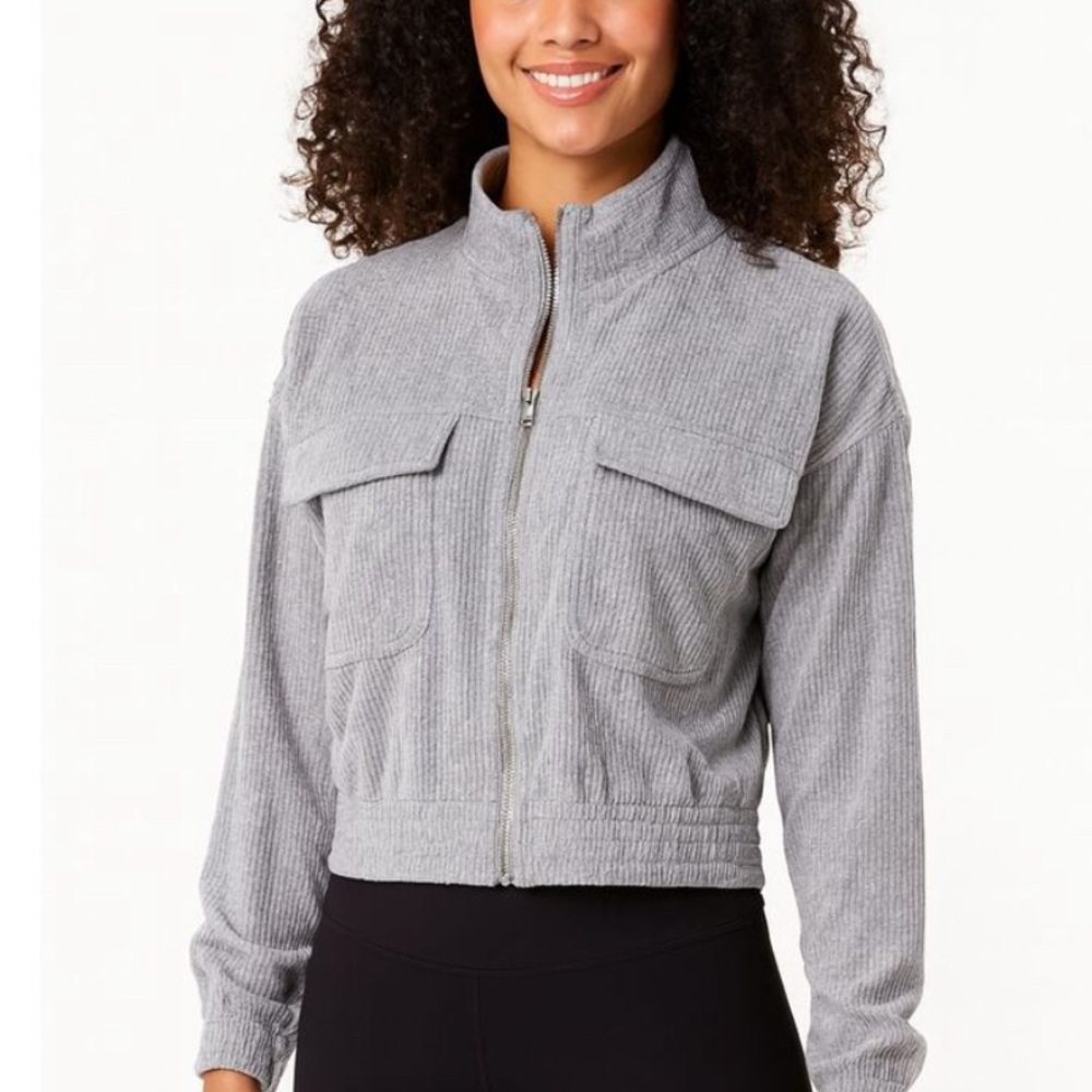 Aerie heathered‎ gray groove on ribbed velour cropped zip jacket M cargo pocket